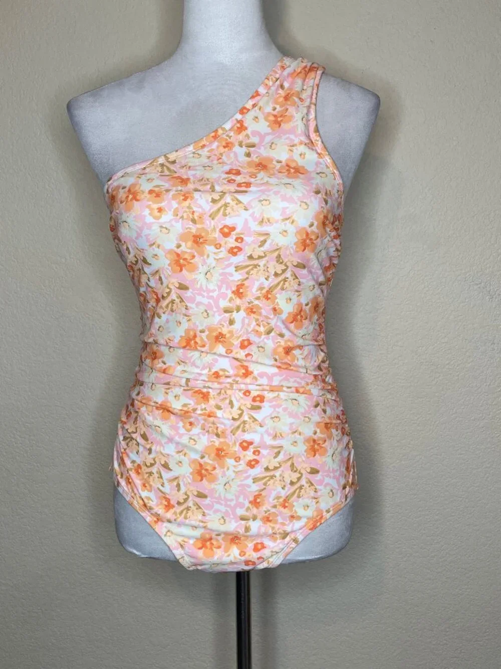 Kona Sol Floral Cottagecore One Shoulder Ruched One Piece Swimsuit Small